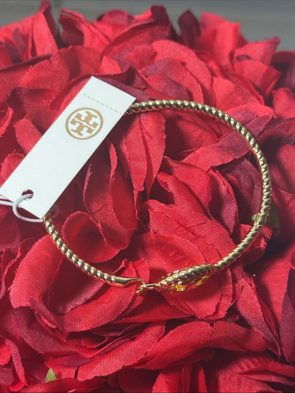 Tory Burch Gold Twisted Cable Hinged Bangle Bracelet| Double T Logo - Picture 4 of 4